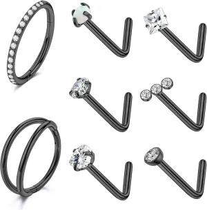 MJust Titanium Nose Ring Set, 18G Hypoallergenic L Shaped and Hoop Nose Stud Rings for Women & Men.