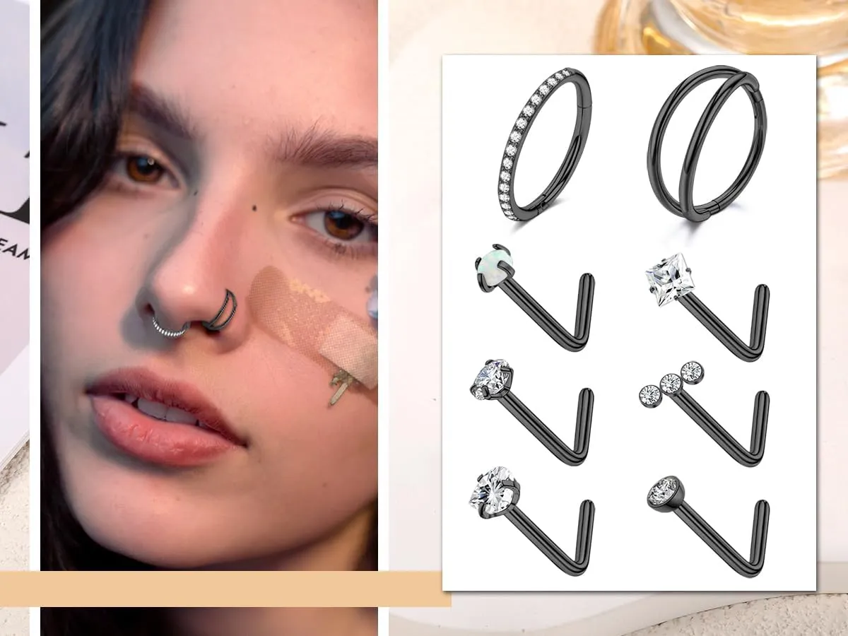 MJust Titanium Nose Ring Set, 18G Hypoallergenic L Shaped and Hoop Nose Stud Rings for Women & Men.