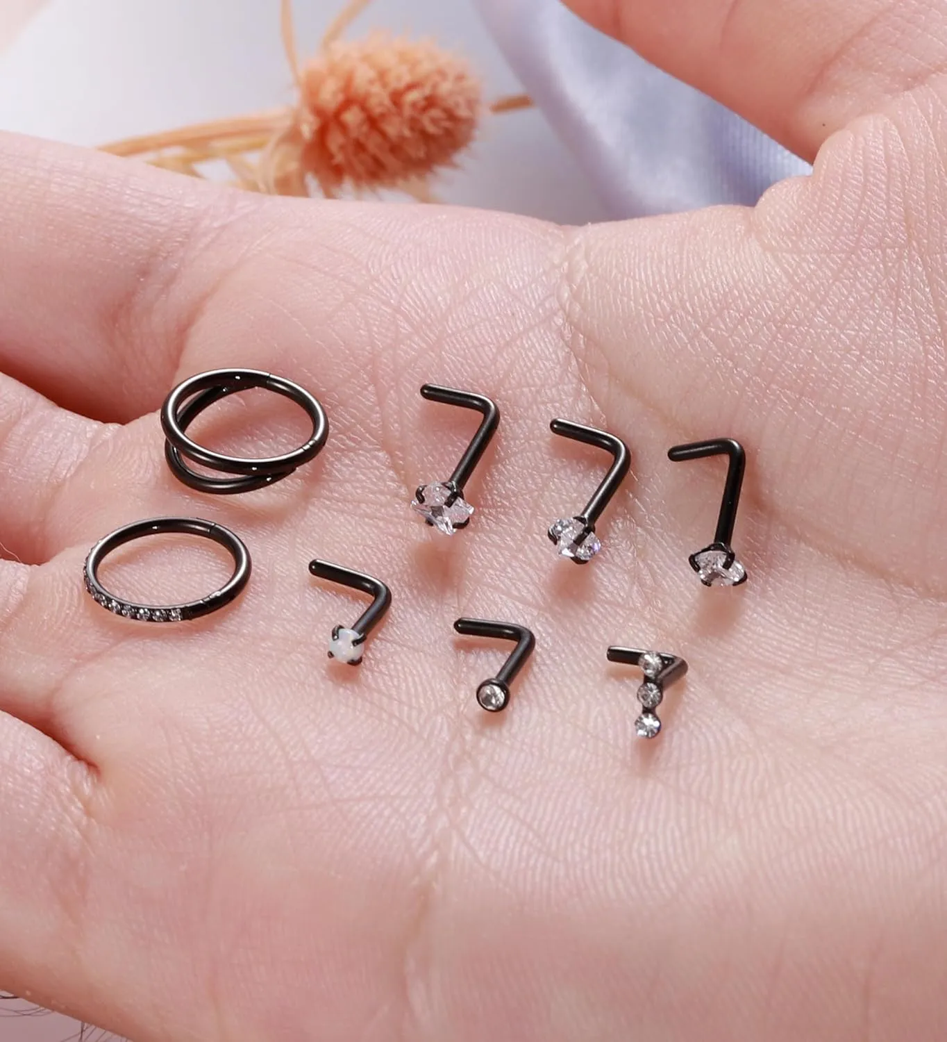 MJust Titanium Nose Ring Set, 18G Hypoallergenic L Shaped and Hoop Nose Stud Rings for Women & Men.