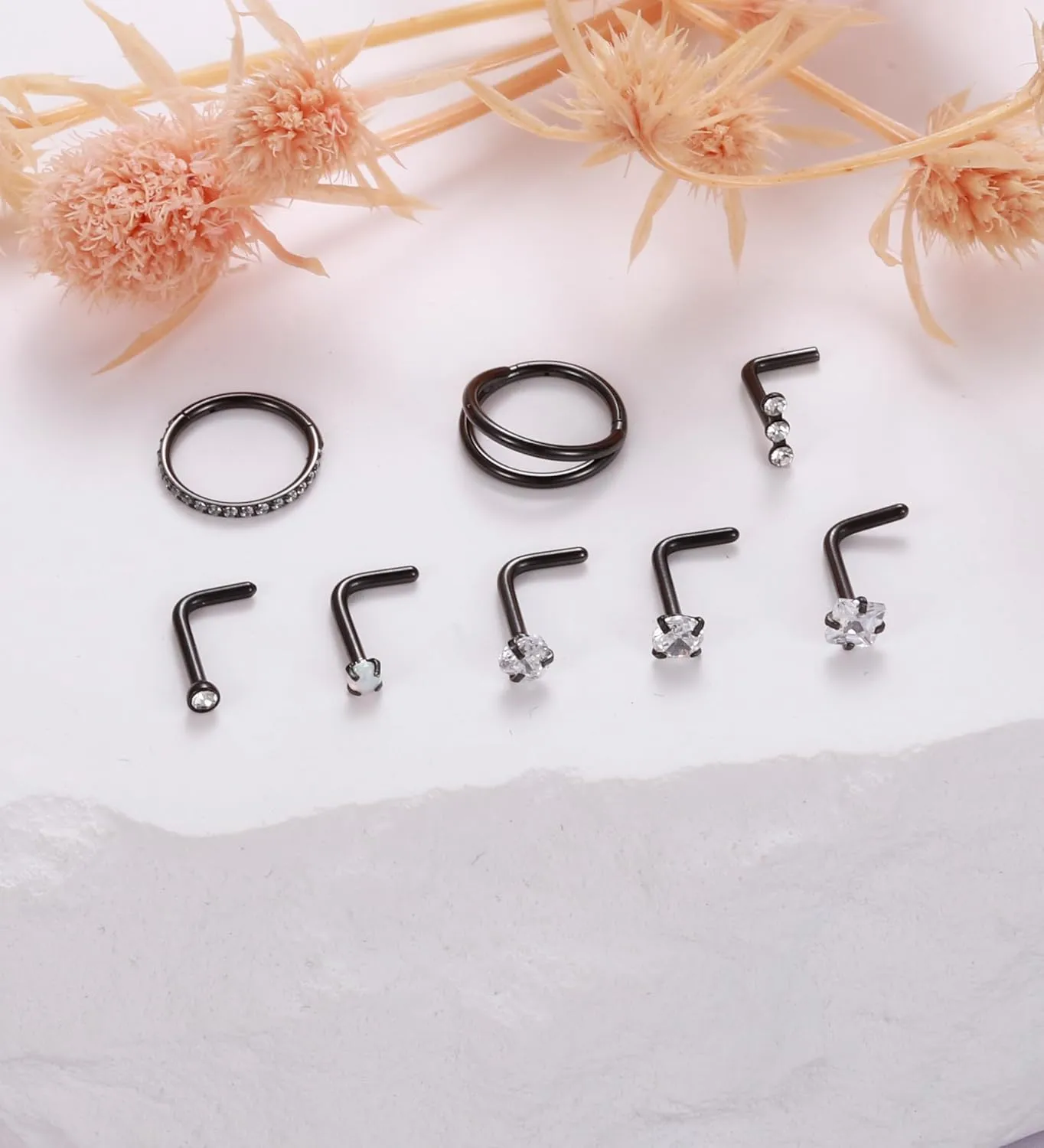 MJust Titanium Nose Ring Set, 18G Hypoallergenic L Shaped and Hoop Nose Stud Rings for Women & Men.