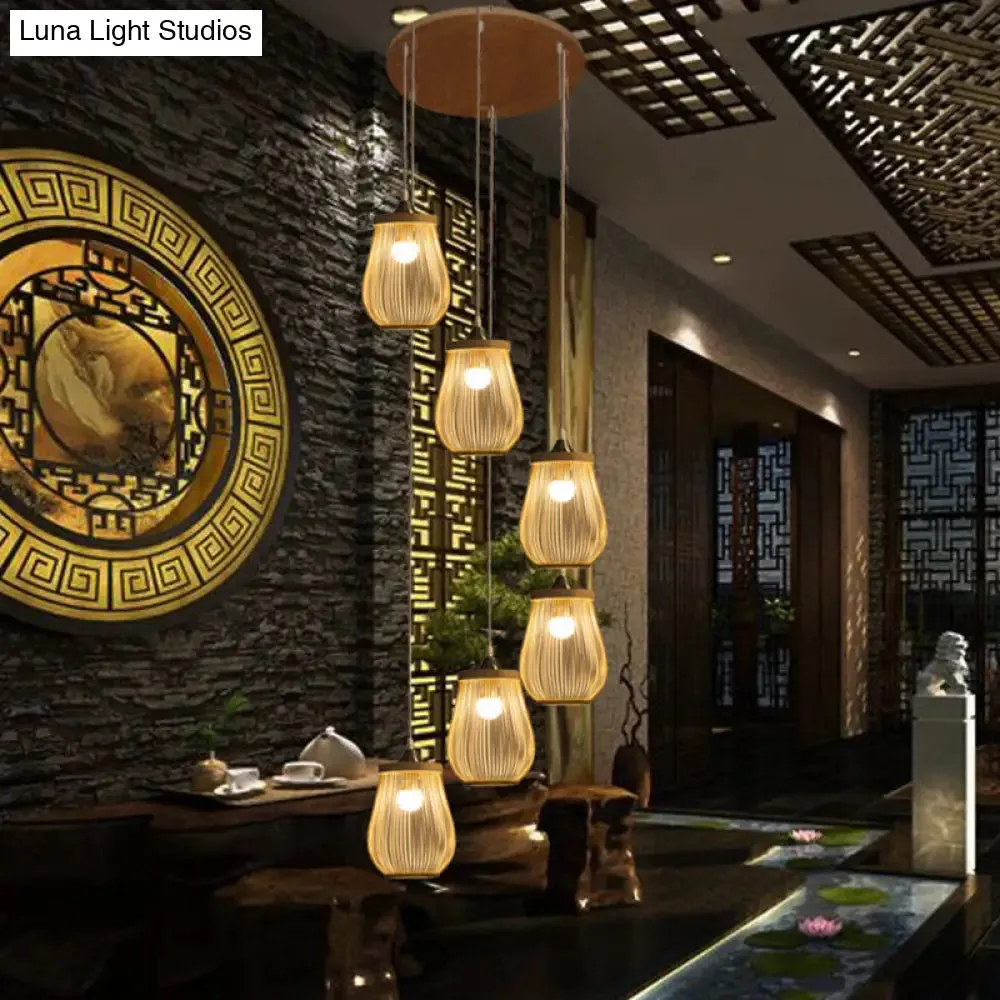 Modern Bamboo Pear Pendant Light for Staircase - Wood Hanging Lighting