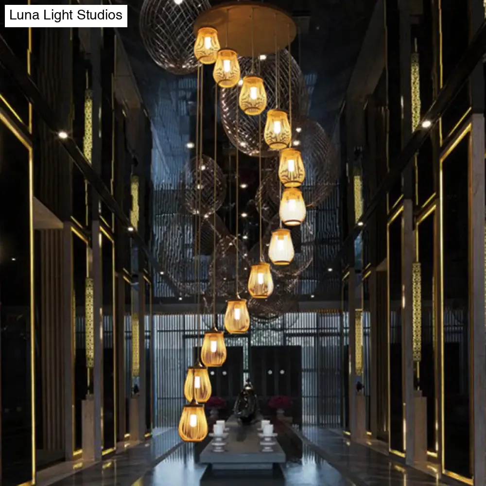 Modern Bamboo Pear Pendant Light for Staircase - Wood Hanging Lighting