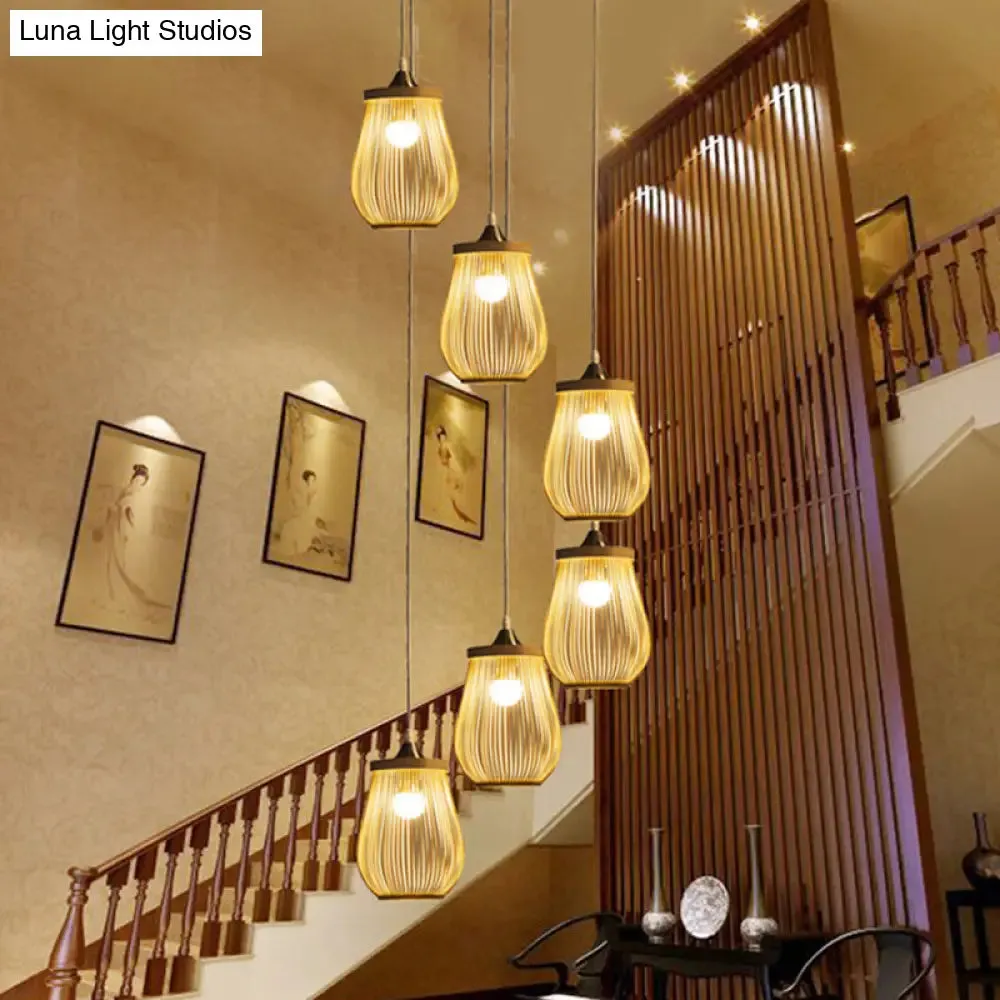 Modern Bamboo Pear Pendant Light for Staircase - Wood Hanging Lighting