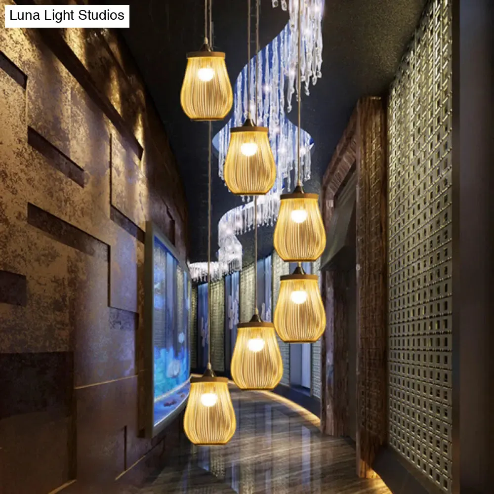 Modern Bamboo Pear Pendant Light for Staircase - Wood Hanging Lighting