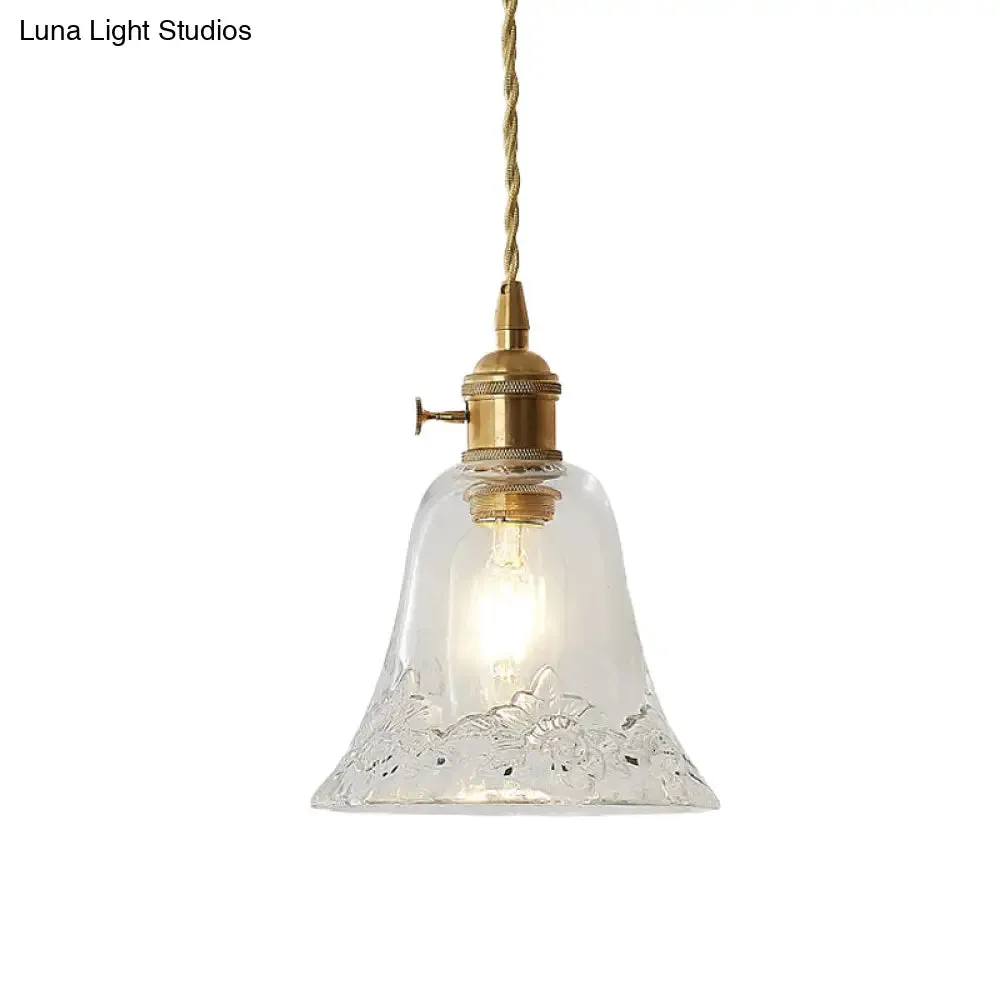 Modern Bell Shaped Clear Glass Pendant Light with Flower/Spiral Design - One Light Ceiling Fixture