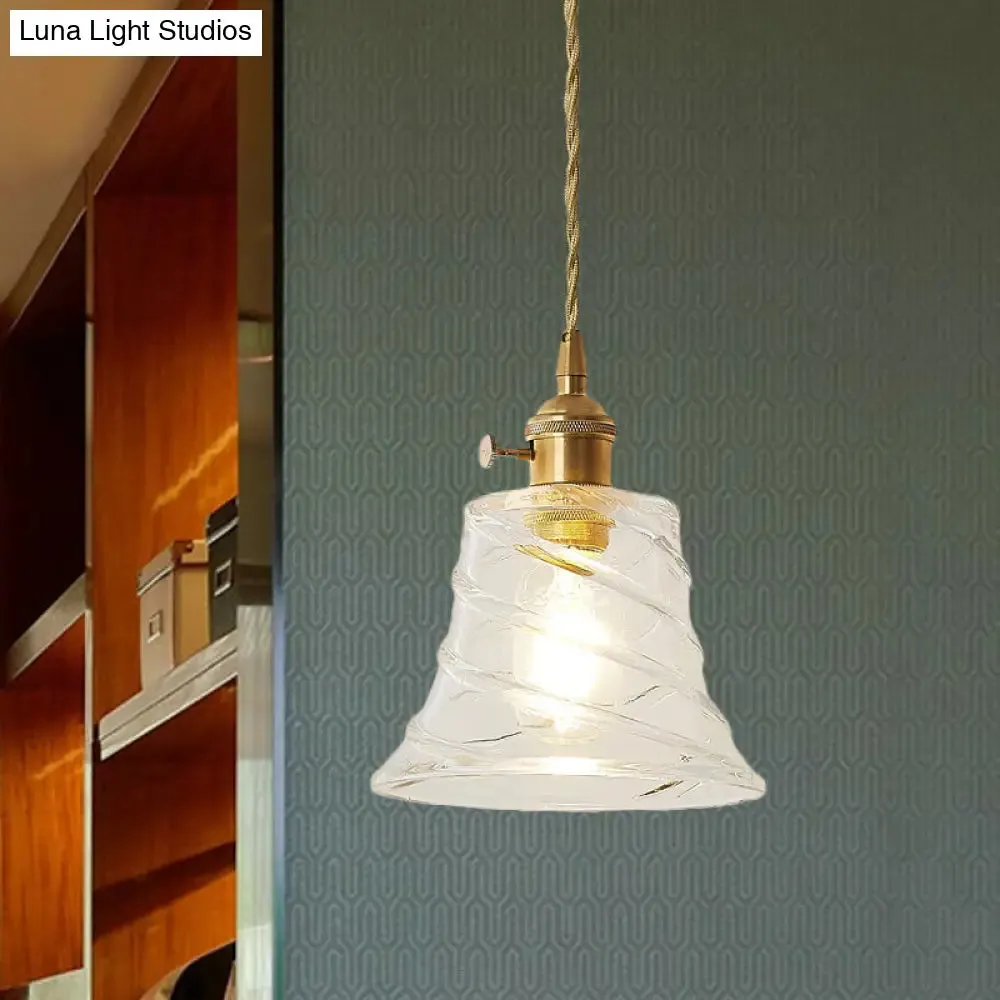 Modern Bell Shaped Clear Glass Pendant Light with Flower/Spiral Design - One Light Ceiling Fixture