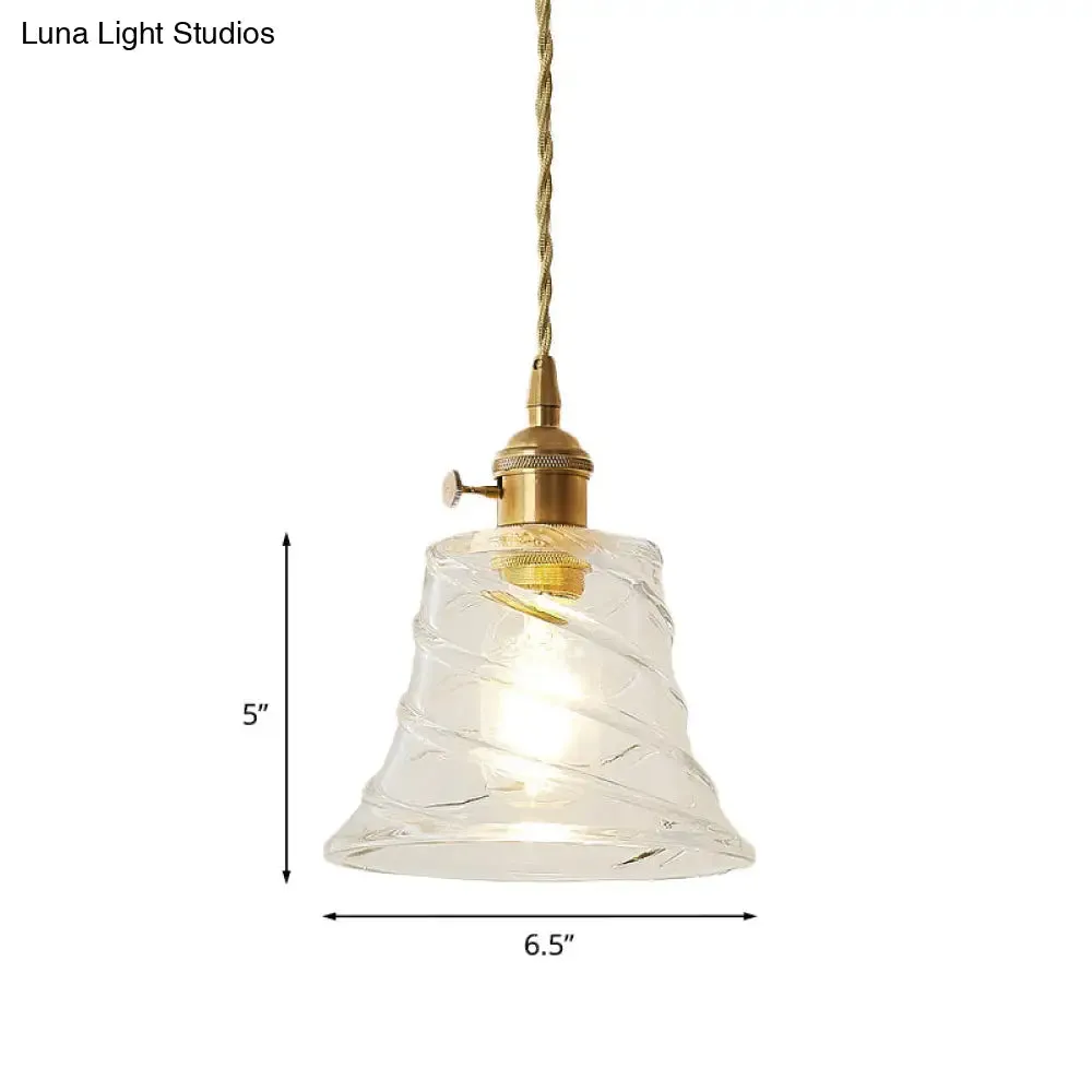 Modern Bell Shaped Clear Glass Pendant Light with Flower/Spiral Design - One Light Ceiling Fixture
