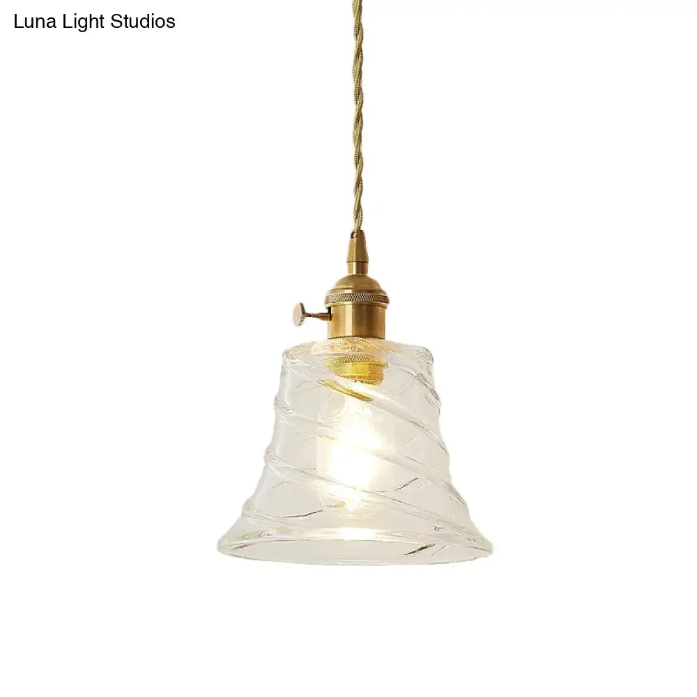 Modern Bell Shaped Clear Glass Pendant Light with Flower/Spiral Design - One Light Ceiling Fixture