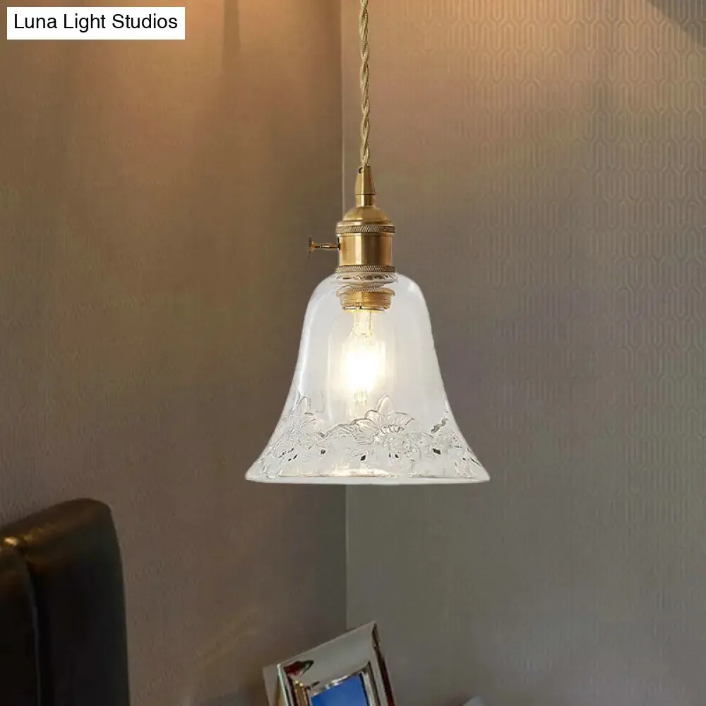 Modern Bell Shaped Clear Glass Pendant Light with Flower/Spiral Design - One Light Ceiling Fixture