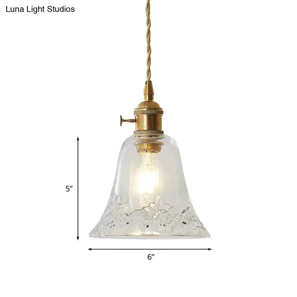 Modern Bell Shaped Clear Glass Pendant Light with Flower/Spiral Design - One Light Ceiling Fixture