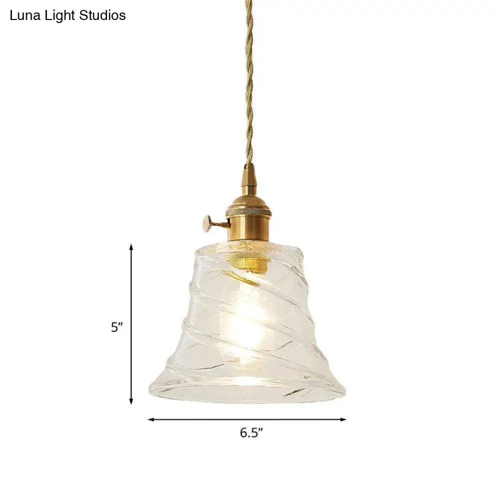 Modern Bell Shaped Clear Glass Pendant Light with Flower/Spiral Design - One Light Ceiling Fixture
