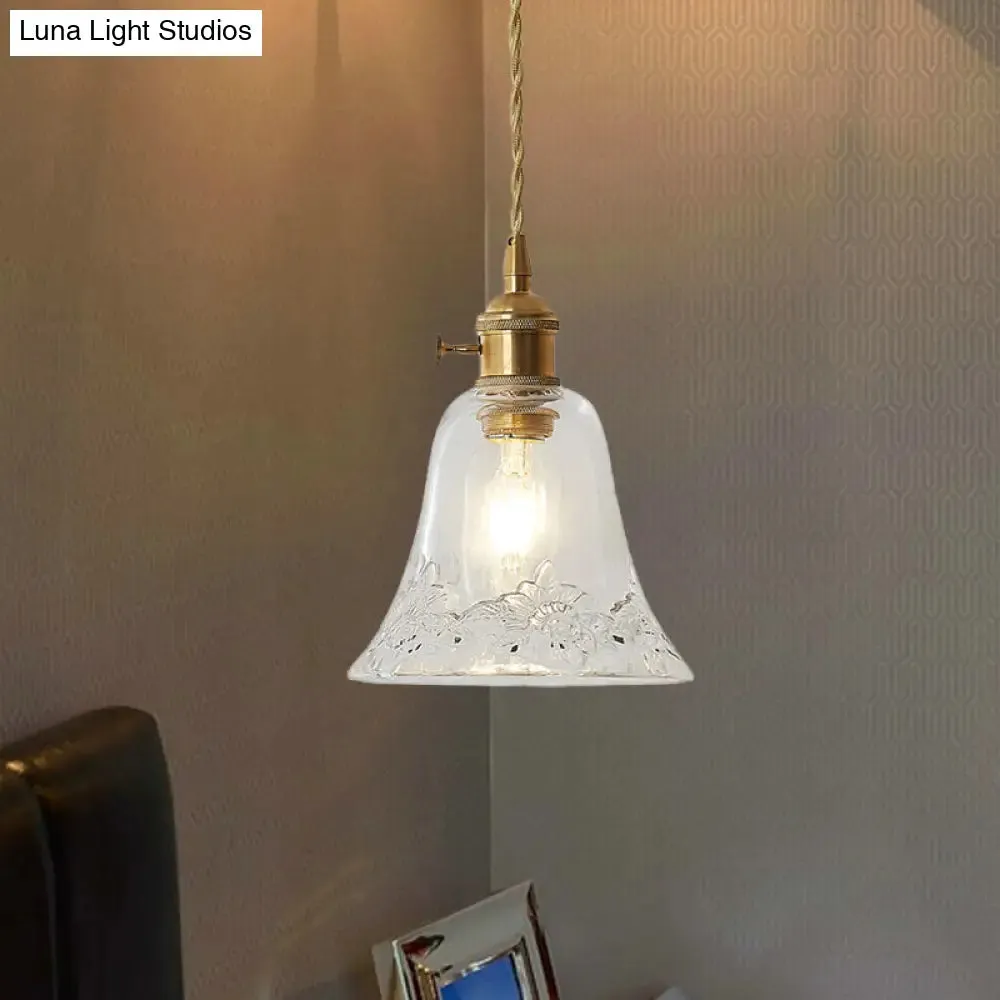 Modern Bell Shaped Clear Glass Pendant Light with Flower/Spiral Design - One Light Ceiling Fixture