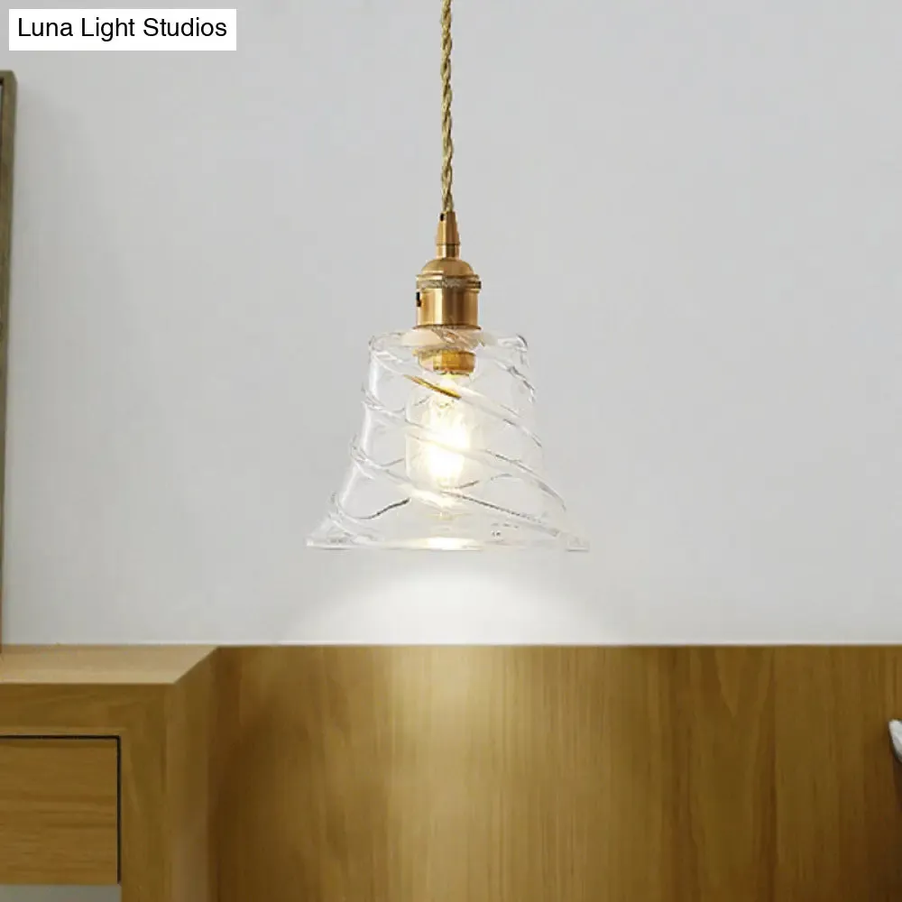 Modern Bell Shaped Clear Glass Pendant Light with Flower/Spiral Design - One Light Ceiling Fixture