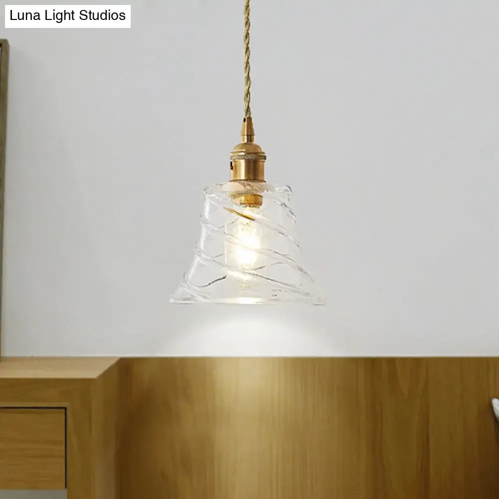 Modern Bell Shaped Clear Glass Pendant Light with Flower/Spiral Design - One Light Ceiling Fixture