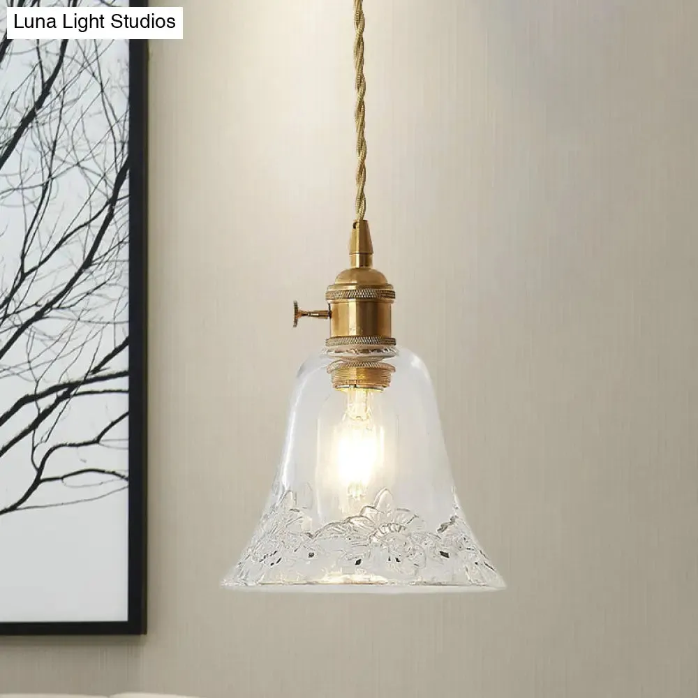 Modern Bell Shaped Clear Glass Pendant Light with Flower/Spiral Design - One Light Ceiling Fixture