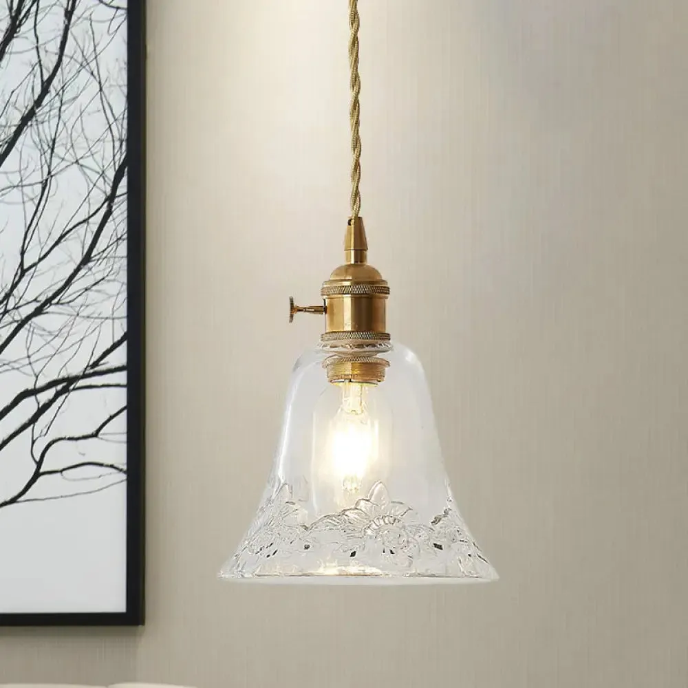 Modern Bell Shaped Clear Glass Pendant Light with Flower/Spiral Design - One Light Ceiling Fixture