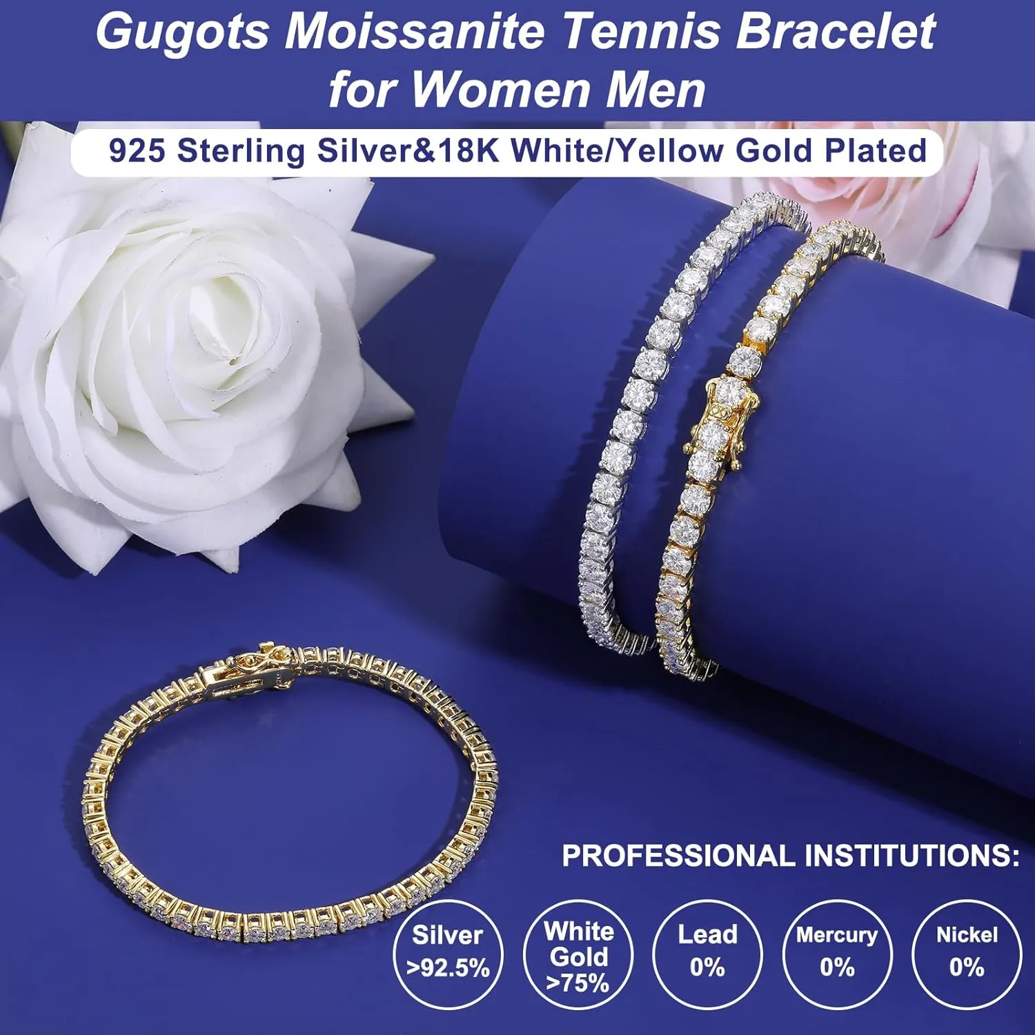 Moissanite Tennis Bracelet for Women Men White/Yellow Gold Plated S925 Sterling Silver D Color VVS1 Round Cut Moissanite Bracelets 2.36-14.4CT 2/3/4MM 6-8INCH