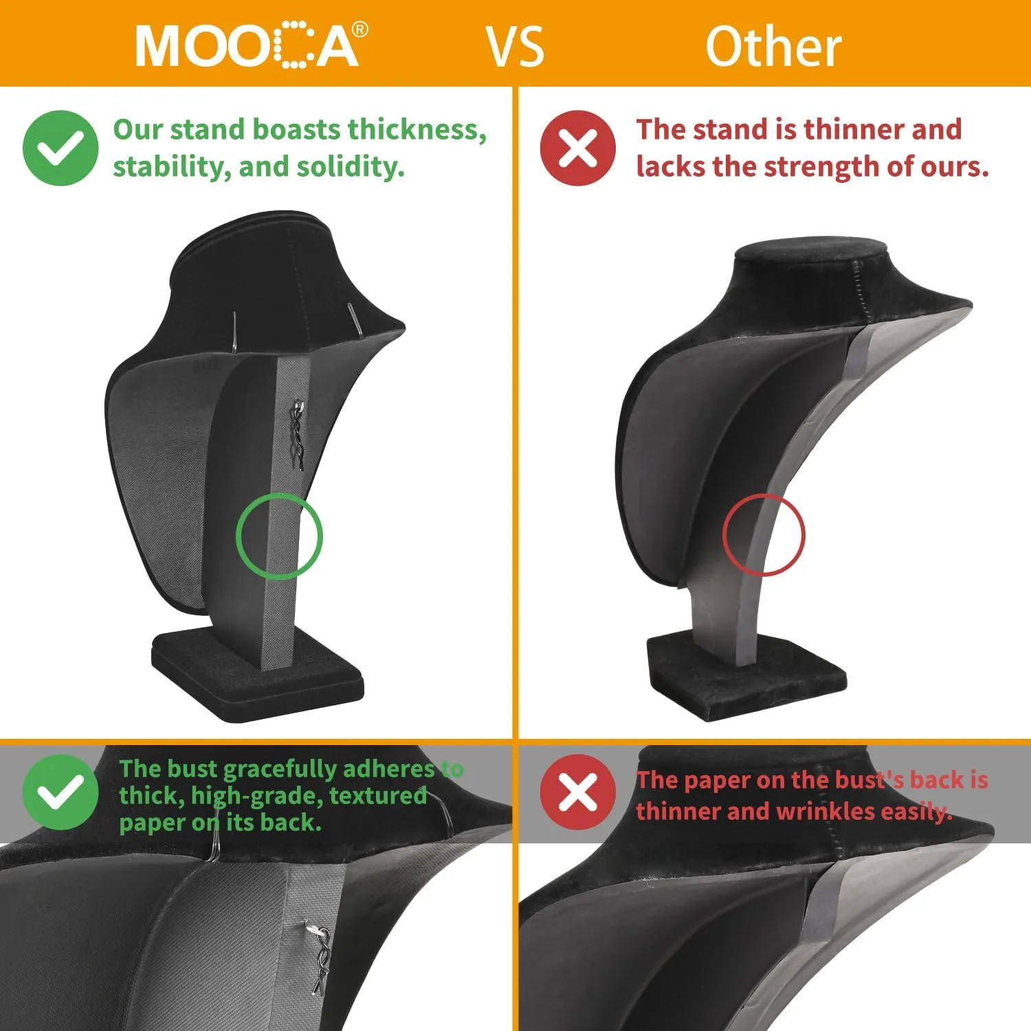 MOOCA 2 Pcs Deluxe Medium Necklace Chain Jewelry Bust Display Holder Stand, Necklaces Display Mannequin, Bust Stand, 6 3/8 W x 4 1/4 D x 10 H in, Black Velvet