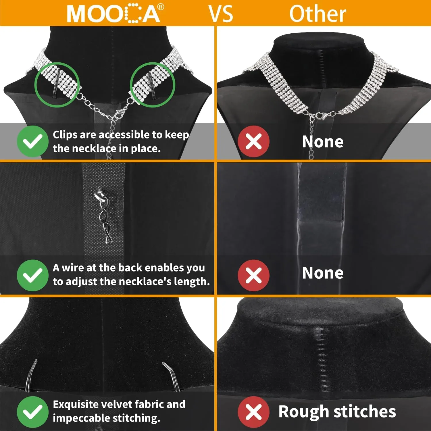 MOOCA 2 Pcs Deluxe Medium Necklace Chain Jewelry Bust Display Holder Stand, Necklaces Display Mannequin, Bust Stand, 6 3/8 W x 4 1/4 D x 10 H in, Black Velvet
