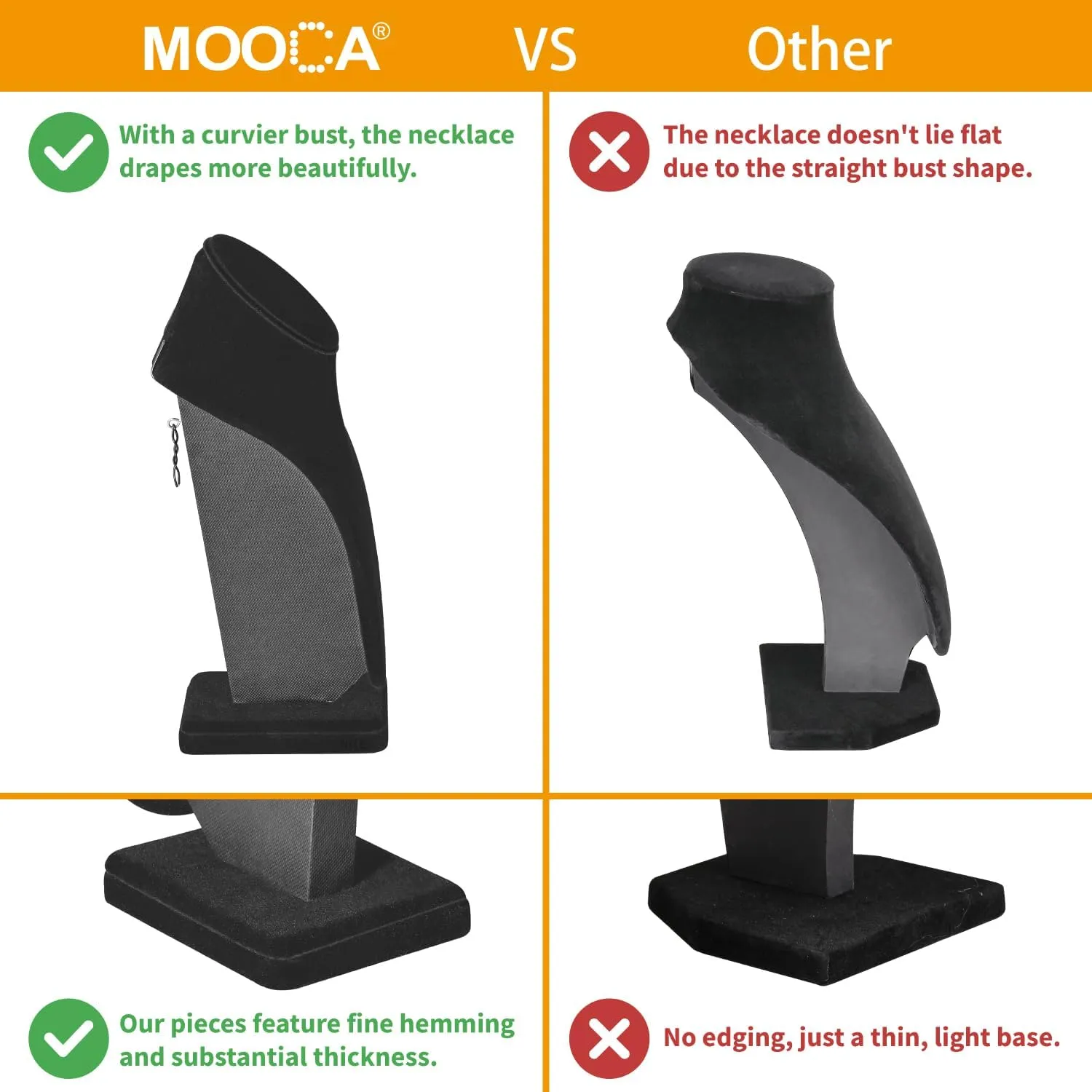 MOOCA 2 Pcs Deluxe Medium Necklace Chain Jewelry Bust Display Holder Stand, Necklaces Display Mannequin, Bust Stand, 6 3/8 W x 4 1/4 D x 10 H in, Black Velvet