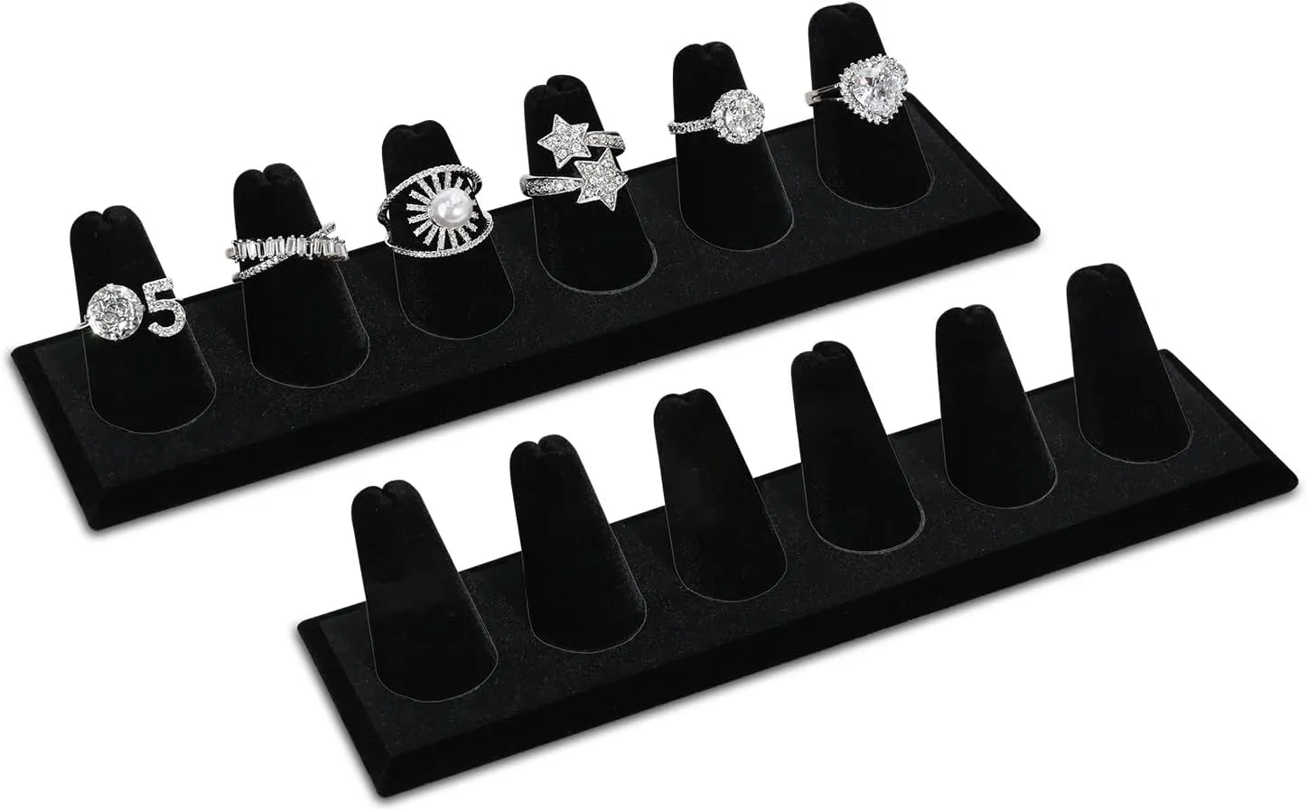 MOOCA 2 Pcs Set 6-Ring Organizer for Showcase Display Ring Finger Holder Jewelry Display Stands Showcase Jewelry Storage Counter, Black Velvet, 7 3/4 W x 2 1/8 D x 1 3/8 H inch