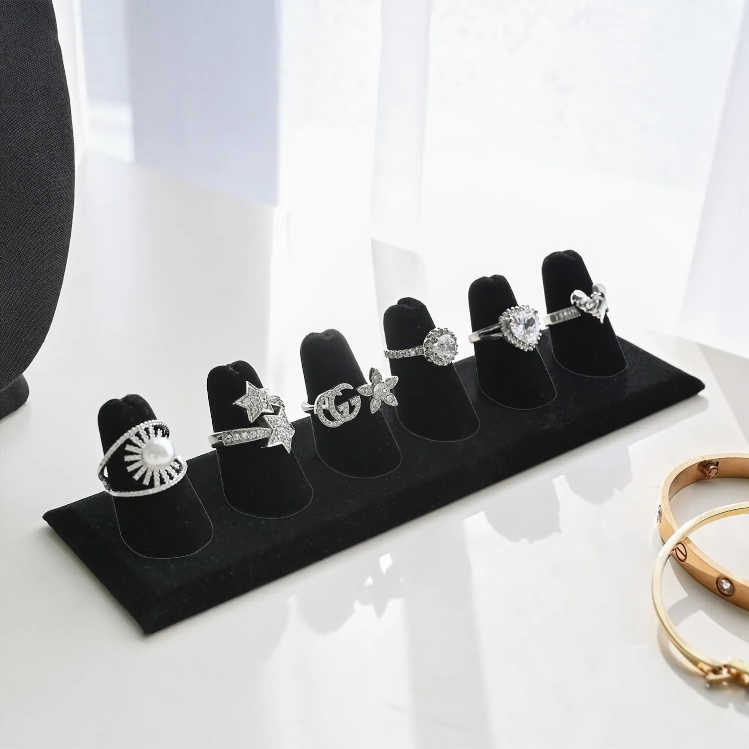 MOOCA 2 Pcs Set 6-Ring Organizer for Showcase Display Ring Finger Holder Jewelry Display Stands Showcase Jewelry Storage Counter, Black Velvet, 7 3/4 W x 2 1/8 D x 1 3/8 H inch