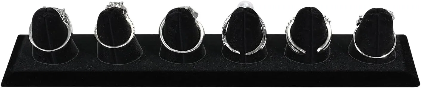 MOOCA 2 Pcs Set 6-Ring Organizer for Showcase Display Ring Finger Holder Jewelry Display Stands Showcase Jewelry Storage Counter, Black Velvet, 7 3/4 W x 2 1/8 D x 1 3/8 H inch