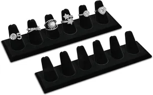MOOCA 2 Pcs Set 6-Ring Organizer for Showcase Display Ring Finger Holder Jewelry Display Stands Showcase Jewelry Storage Counter, Black Velvet, 7 3/4 W x 2 1/8 D x 1 3/8 H inch