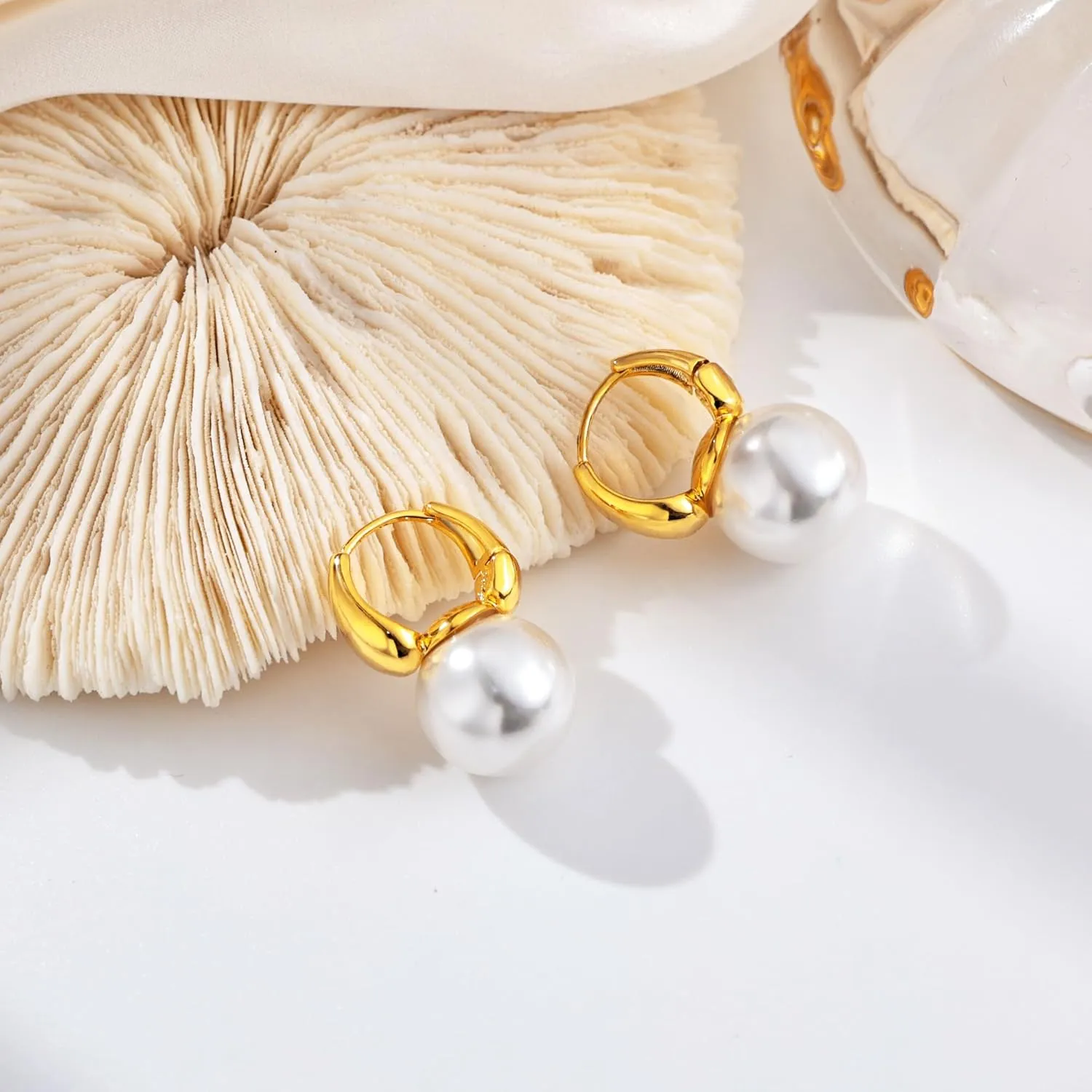 Moodear Pearl Earrings for Women Trendy 14K Gold Plated/925 Sterling Silver Pearl Drop Hoop Earrings Elegant Hypoallergenic Gold Pearl Dangle Earrings Wedding Jewelry Gifts for Women
