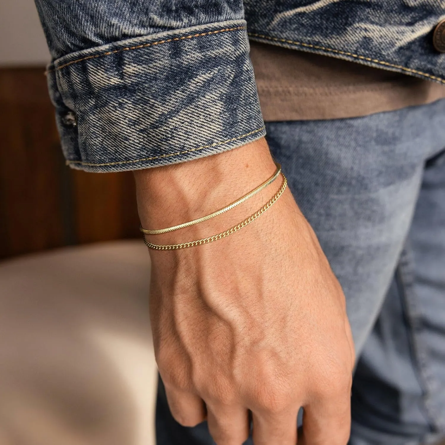 Moodear Stack 6.5-8In Mens Bracelet Set - Dainty 14K Gold Plated 2mm/5mm Snake Cuban Figaro Chain Bracelets for Men Jewelry Gift