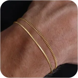 Moodear Stack 6.5-8In Mens Bracelet Set - Dainty 14K Gold Plated 2mm/5mm Snake Cuban Figaro Chain Bracelets for Men Jewelry Gift