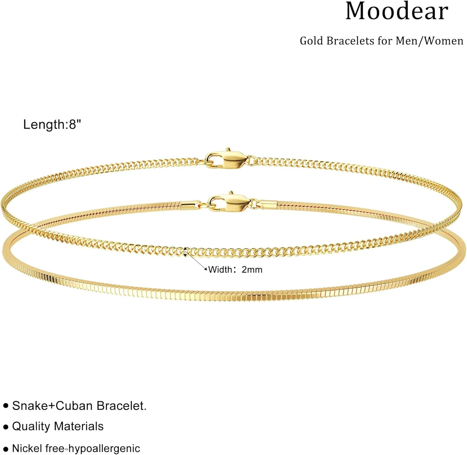 Moodear Stack 6.5-8In Mens Bracelet Set - Dainty 14K Gold Plated 2mm/5mm Snake Cuban Figaro Chain Bracelets for Men Jewelry Gift