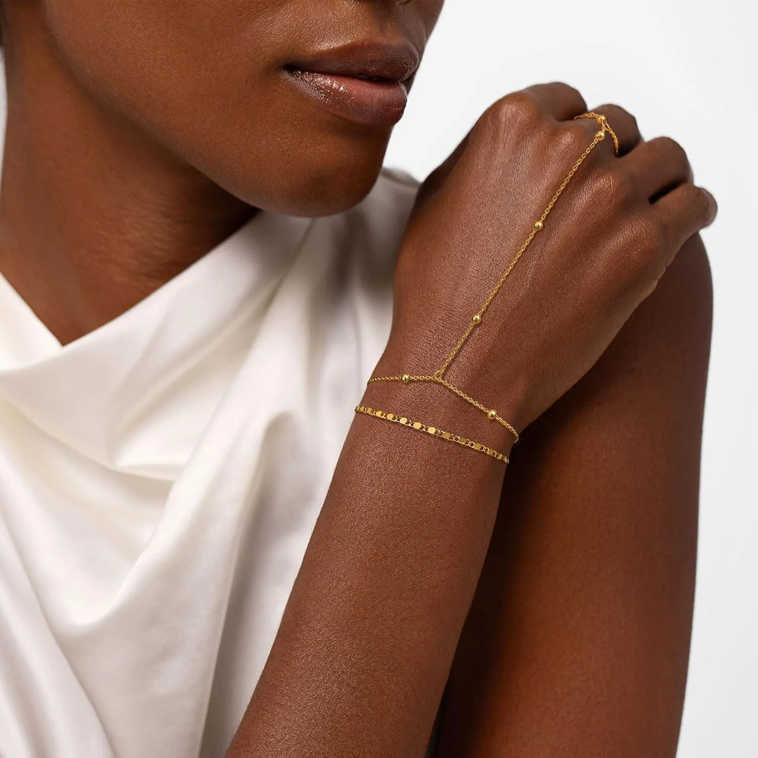 Moodear Sterling Silver Dainty Ring Bracelet Hand Chain for Women - 14K Gold Plated/Sterling Silver Layered Adjustable Satellite Bead Paperclip Dot CZ Link Hand Chain Bracelets Non Tarnish Trendy Jewelry Gift