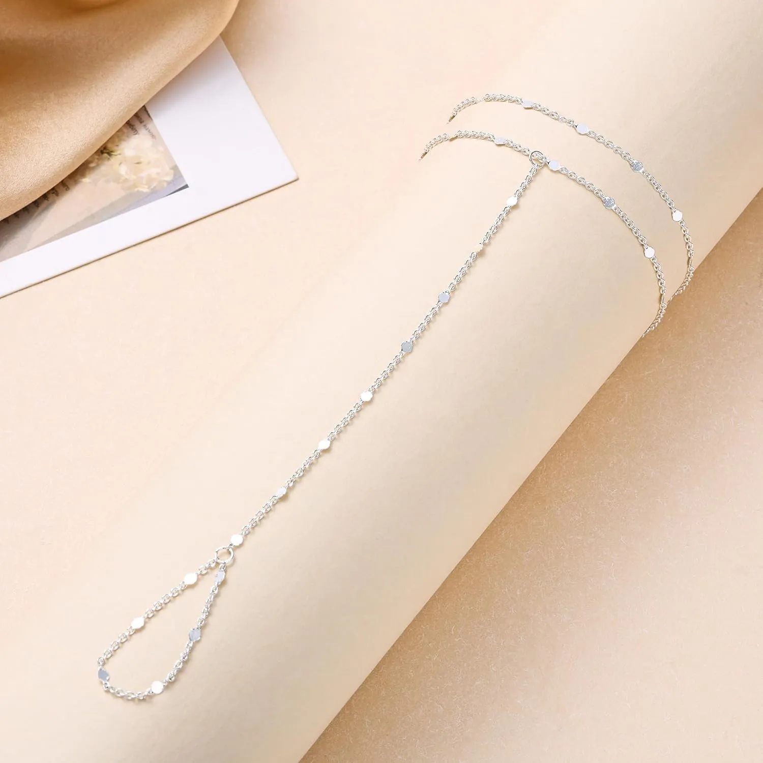 Moodear Sterling Silver Dainty Ring Bracelet Hand Chain for Women - 14K Gold Plated/Sterling Silver Layered Adjustable Satellite Bead Paperclip Dot CZ Link Hand Chain Bracelets Non Tarnish Trendy Jewelry Gift