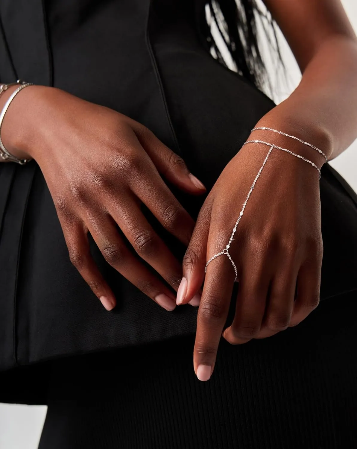 Moodear Sterling Silver Dainty Ring Bracelet Hand Chain for Women - 14K Gold Plated/Sterling Silver Layered Adjustable Satellite Bead Paperclip Dot CZ Link Hand Chain Bracelets Non Tarnish Trendy Jewelry Gift