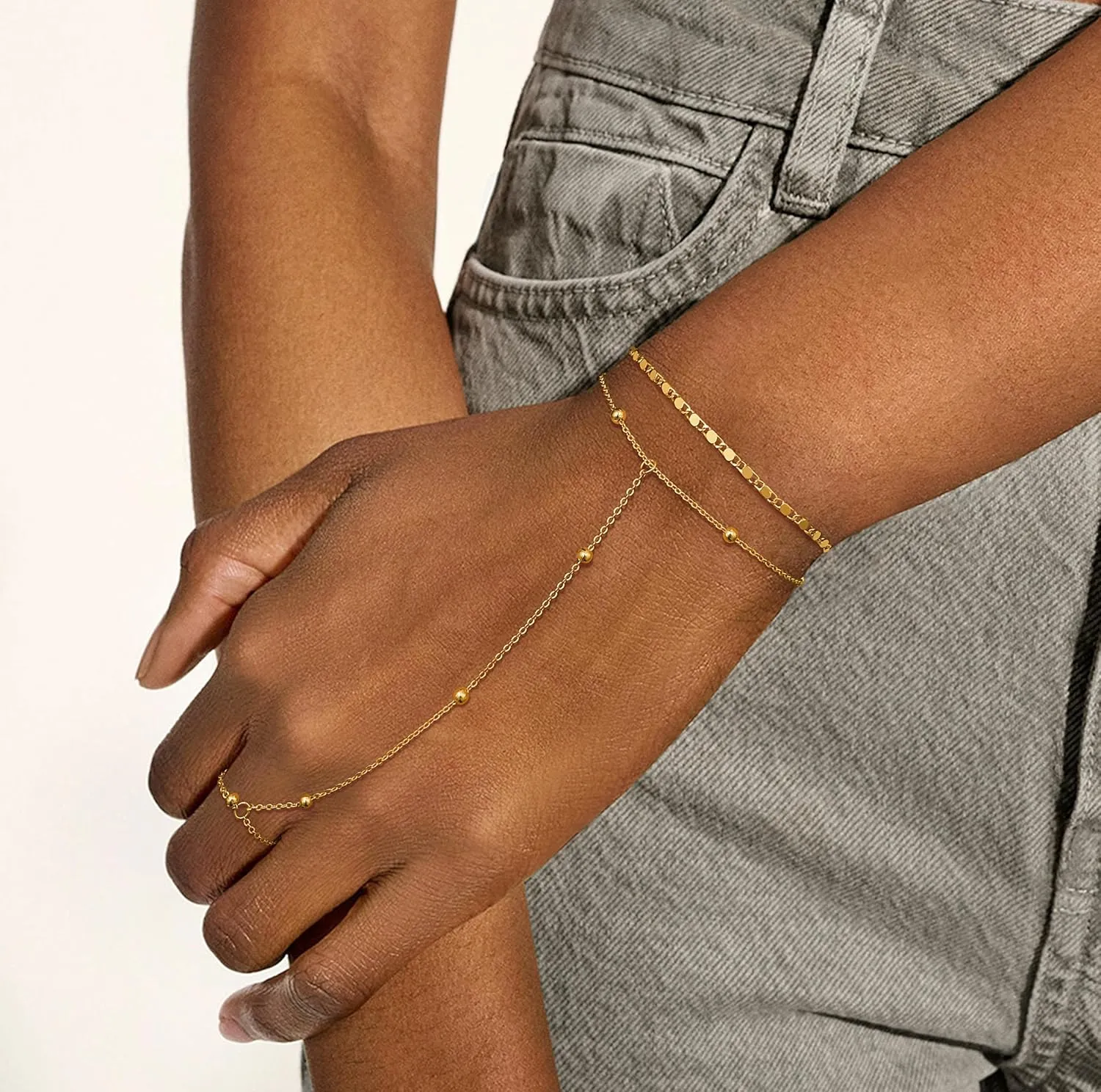 Moodear Sterling Silver Dainty Ring Bracelet Hand Chain for Women - 14K Gold Plated/Sterling Silver Layered Adjustable Satellite Bead Paperclip Dot CZ Link Hand Chain Bracelets Non Tarnish Trendy Jewelry Gift