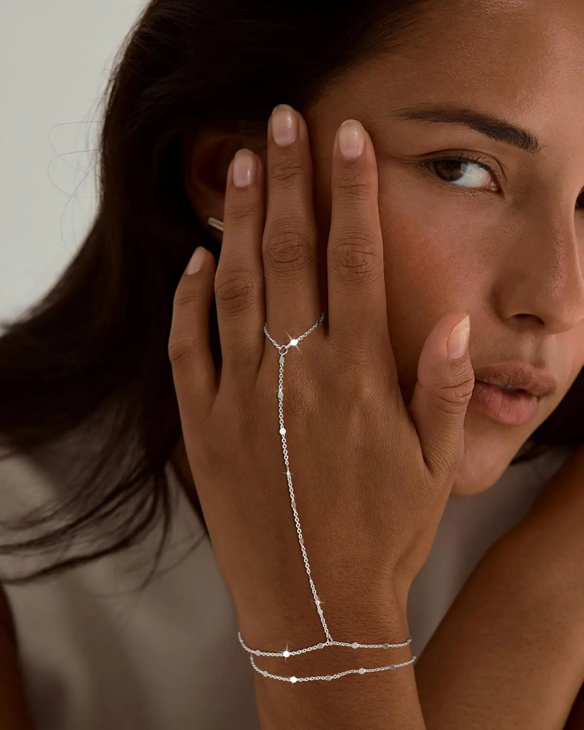 Moodear Sterling Silver Dainty Ring Bracelet Hand Chain for Women - 14K Gold Plated/Sterling Silver Layered Adjustable Satellite Bead Paperclip Dot CZ Link Hand Chain Bracelets Non Tarnish Trendy Jewelry Gift