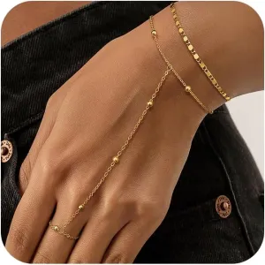 Moodear Sterling Silver Dainty Ring Bracelet Hand Chain for Women - 14K Gold Plated/Sterling Silver Layered Adjustable Satellite Bead Paperclip Dot CZ Link Hand Chain Bracelets Non Tarnish Trendy Jewelry Gift