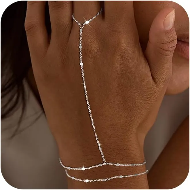 Moodear Sterling Silver Dainty Ring Bracelet Hand Chain for Women - 14K Gold Plated/Sterling Silver Layered Adjustable Satellite Bead Paperclip Dot CZ Link Hand Chain Bracelets Non Tarnish Trendy Jewelry Gift