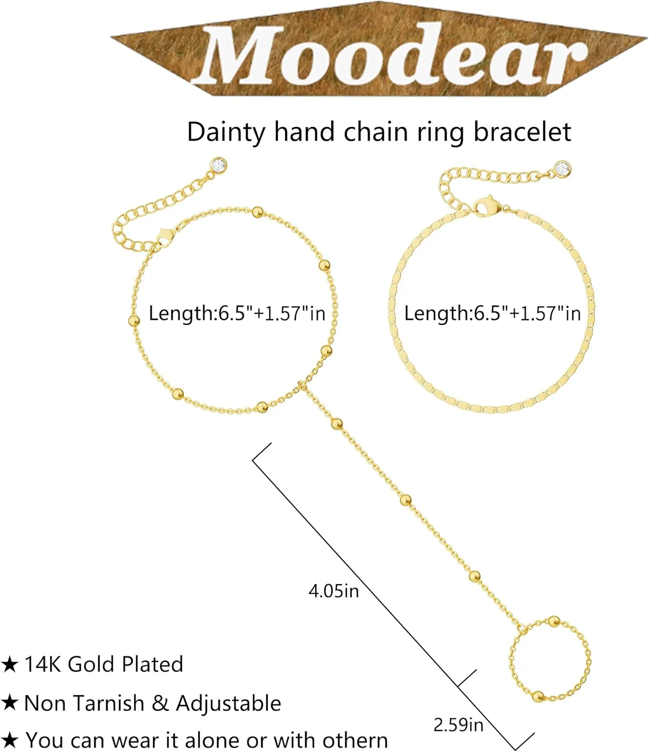 Moodear Sterling Silver Dainty Ring Bracelet Hand Chain for Women - 14K Gold Plated/Sterling Silver Layered Adjustable Satellite Bead Paperclip Dot CZ Link Hand Chain Bracelets Non Tarnish Trendy Jewelry Gift