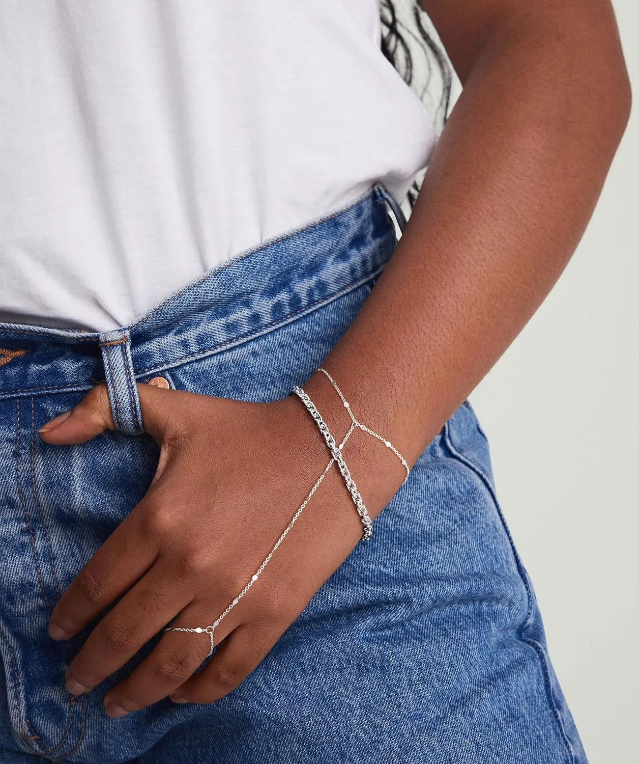 Moodear Sterling Silver Dainty Ring Bracelet Hand Chain for Women - 14K Gold Plated/Sterling Silver Layered Adjustable Satellite Bead Paperclip Dot CZ Link Hand Chain Bracelets Non Tarnish Trendy Jewelry Gift