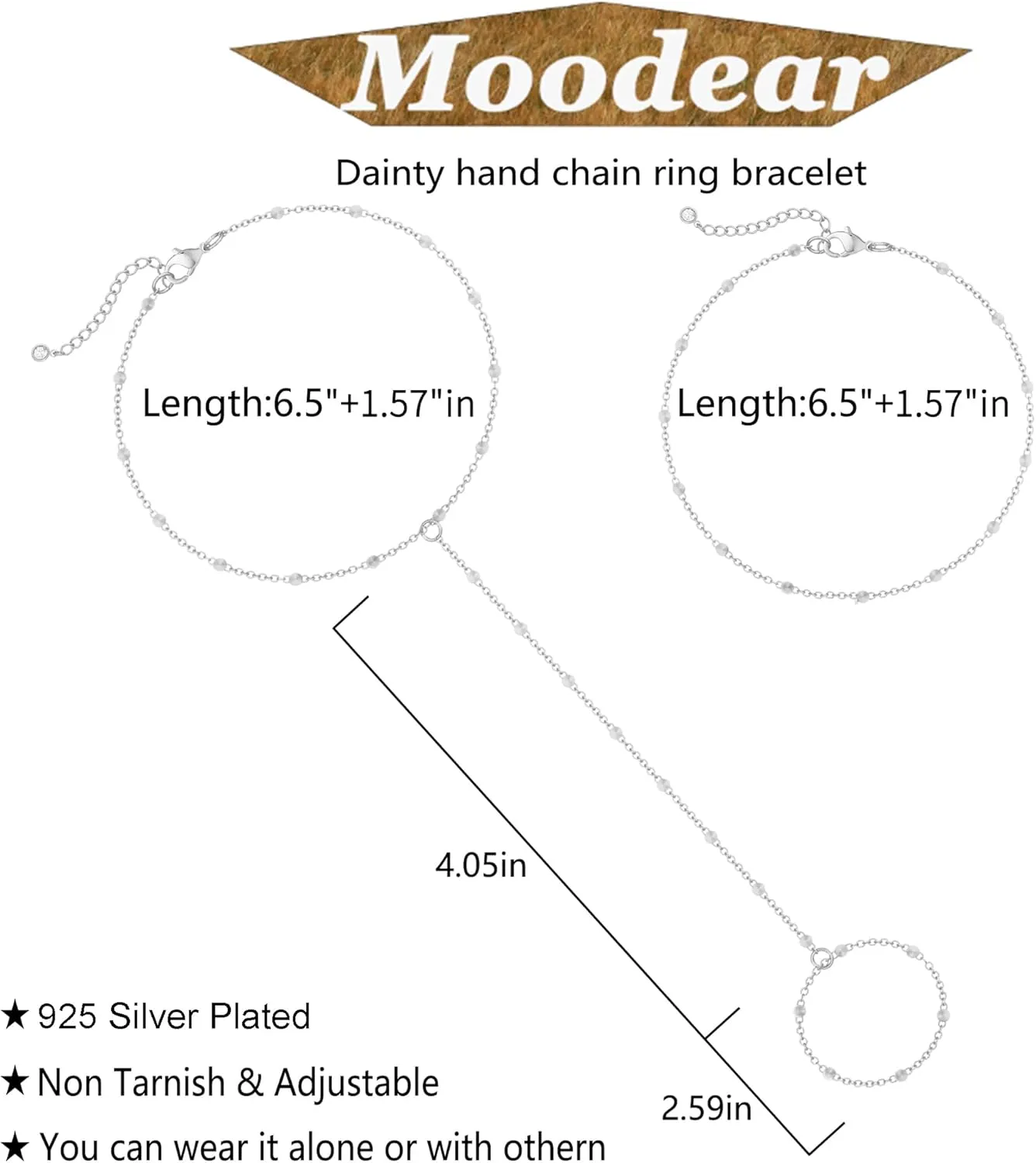 Moodear Sterling Silver Dainty Ring Bracelet Hand Chain for Women - 14K Gold Plated/Sterling Silver Layered Adjustable Satellite Bead Paperclip Dot CZ Link Hand Chain Bracelets Non Tarnish Trendy Jewelry Gift