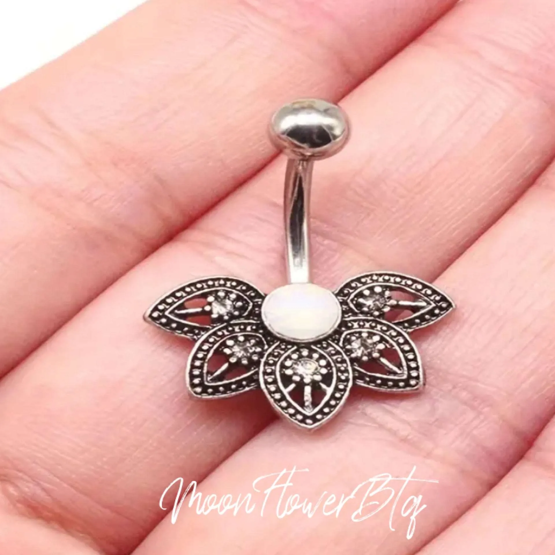 Moonstone Lotus Flower Navel Belly Button Ring