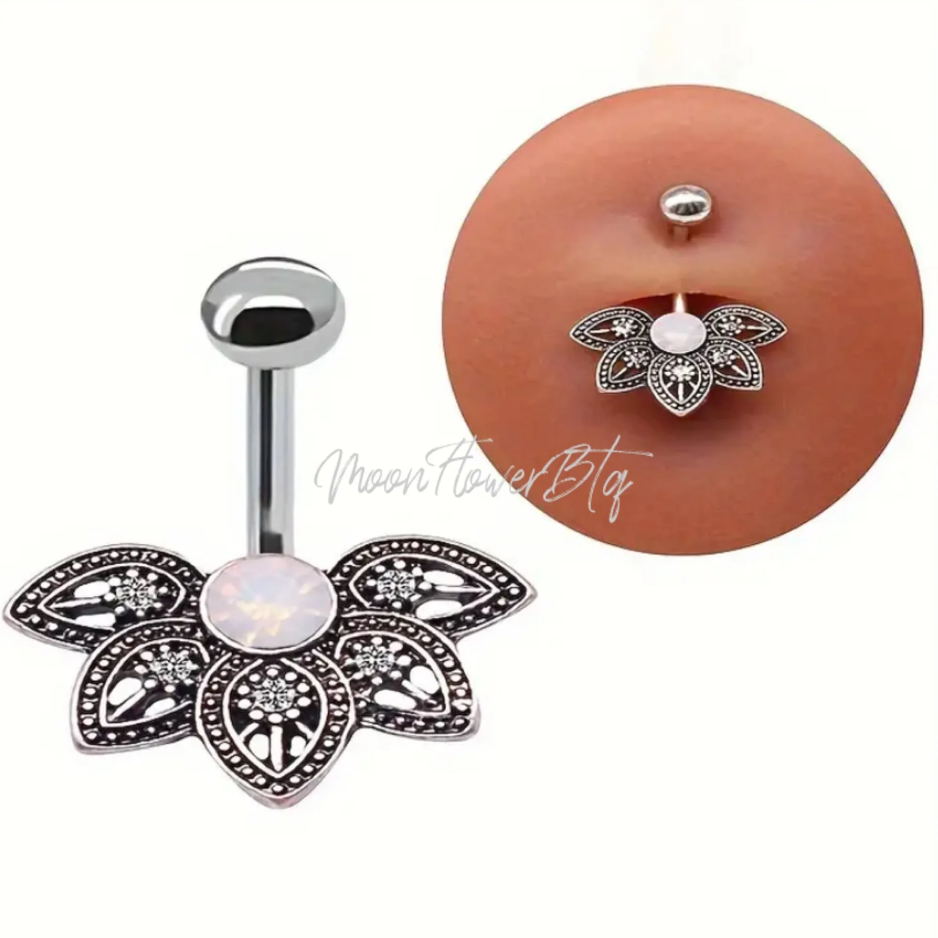 Moonstone Lotus Flower Navel Belly Button Ring