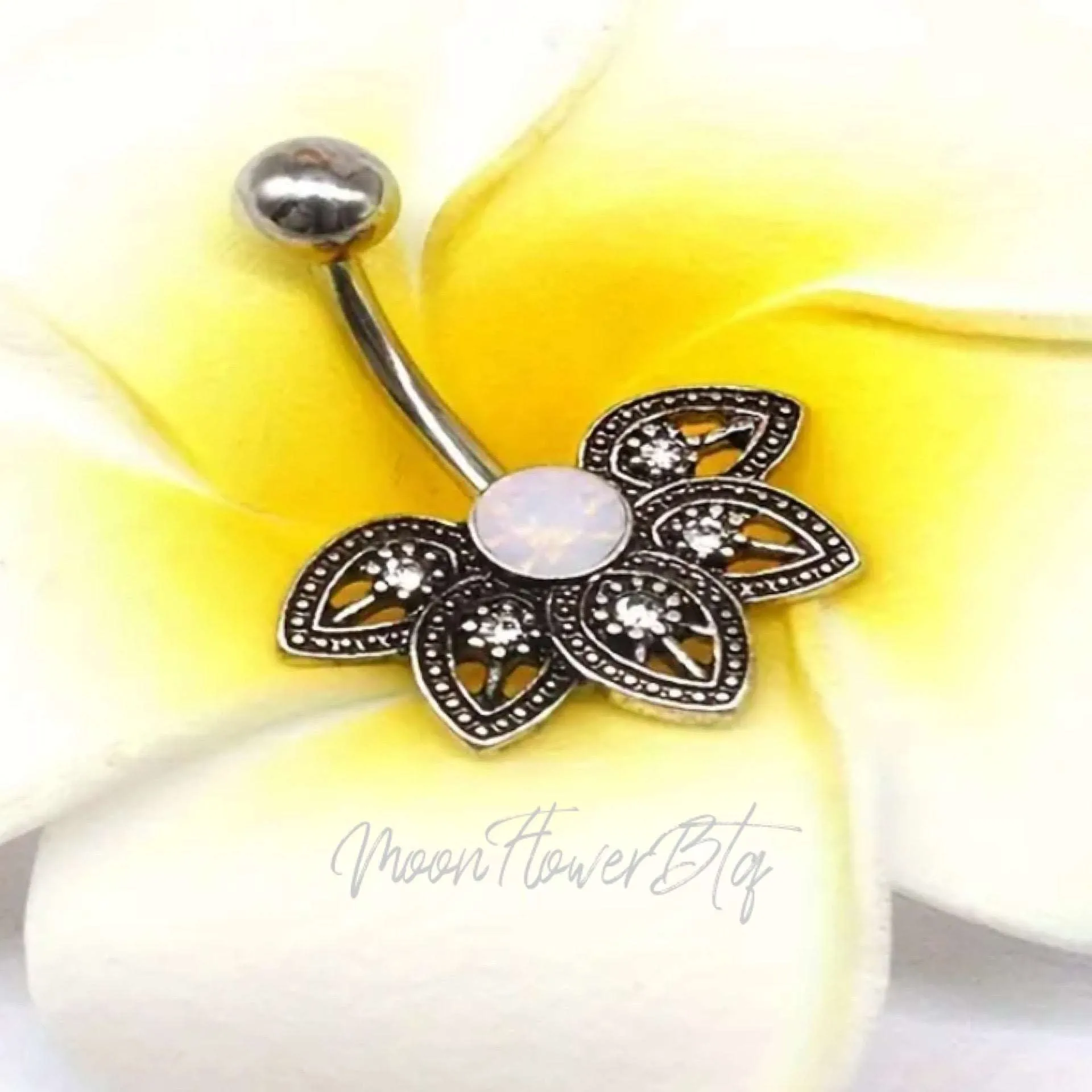 Moonstone Lotus Flower Navel Belly Button Ring
