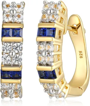 MORGAN & PAIGE 18K Yellow Gold Plated .925 Sterling Silver Square-Cut Created Blue and White Sapphire Hinged Hoop Earrings for Women Trendy - Elegant Gemstone Hoop Earrings, 3/4" Design