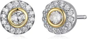 MORGAN & PAIGE .925 Sterling Silver 18K Gold Plated Cubic Zirconia Round 1/4" Halo Stud Earrings for Women or 1/2" Pendant Necklace on 18" Chain - Elegant Two-Tone Halo Design Bezel-Set Centerpiece