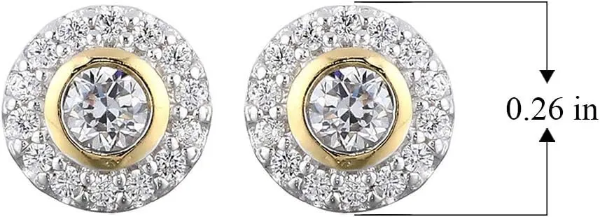 MORGAN & PAIGE .925 Sterling Silver 18K Gold Plated Cubic Zirconia Round 1/4" Halo Stud Earrings for Women or 1/2" Pendant Necklace on 18" Chain - Elegant Two-Tone Halo Design Bezel-Set Centerpiece