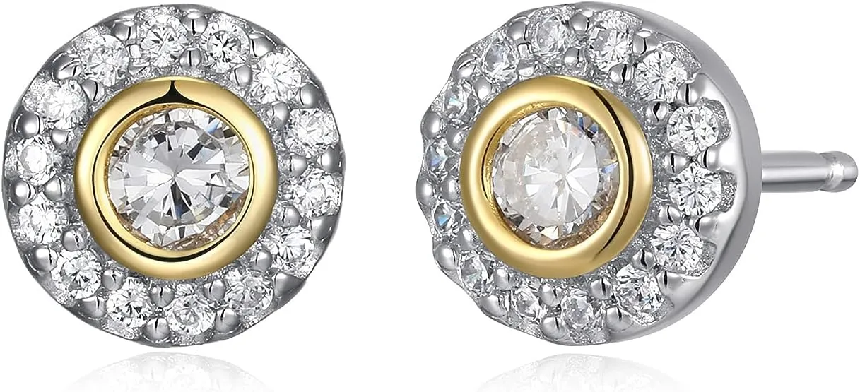 MORGAN & PAIGE .925 Sterling Silver 18K Gold Plated Cubic Zirconia Round 1/4" Halo Stud Earrings for Women or 1/2" Pendant Necklace on 18" Chain - Elegant Two-Tone Halo Design Bezel-Set Centerpiece