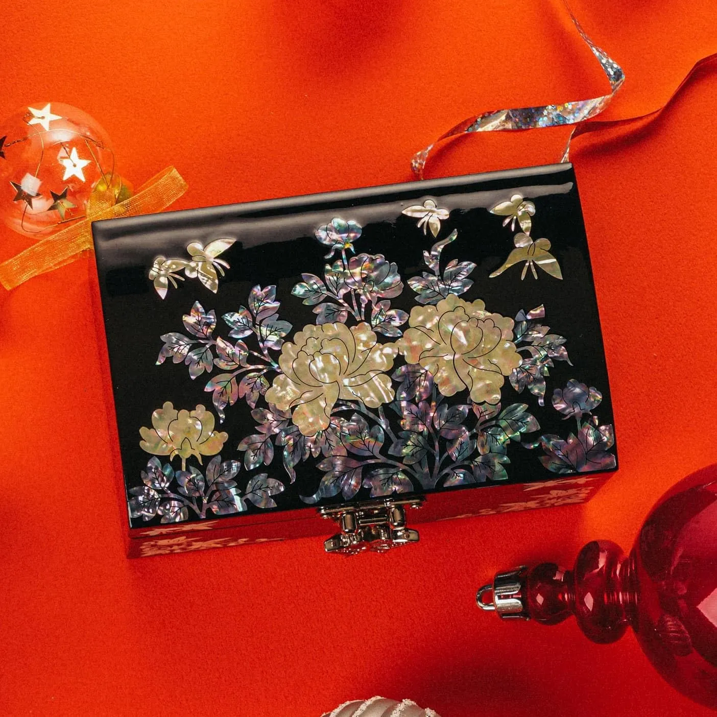 Mother-of-Pearl Jewelry Box  Black Lacquered Keepsake with Floral & Butterfly Design, Red Velvet Interior & Mirror  Romantic Valentine's Day Gift, Elegant Mother's Day Present for Women